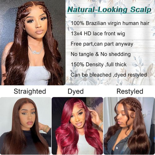 Brown Body Wave Lace Front Wigs Human Hair Wigs HD Lace Front Wig Human Hair Pre Plucked with Baby Hair 150 Density Brazilian Virgin Transparent Lace Front Glueless Wigs Human Hair Colored (22 Inch)