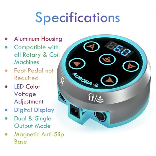 Aurora II Professional Tattoo Machine Power Supply- Touchscreen, Digital Display & Color LEDs (Silver)