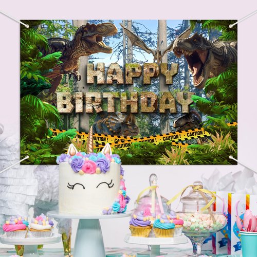 Dinosaur Happy Birthday Banner Backdrop Tyrannosaurus Rex Triceratops Jungle Dinosaur Themed Background Decor for Boys Girls Birthday Party Favors Decorations Supplies 72x43in-BECKTEN