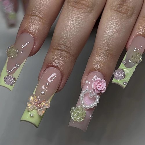 BABALAL Long Press on Nails Square Fake Nails 3D Flower Charm Design Green French Glue ons Nails Bow Heart Jeweled Acrylic Nails 24Pcs Squoval Handmade Manicure Full Cover False Nails