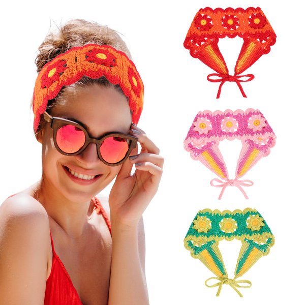 Nogeqi 3pcs Crochet Headband for Women Girls, Bandana Headband Hand Made Crochet Head Scarf, Hair Bandanas for Head Women Summer Hair Accessories for Hair Styling Decor(Red, Green, Purple)