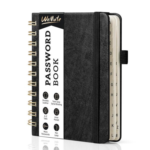 WEMATE Spiral Password Book with Alphabetical Tabs, Small Password Keeper Book for Seniors, Internet Password Notebook Hardcover Password Journal logbook – 4.7''x 6'' (Black)