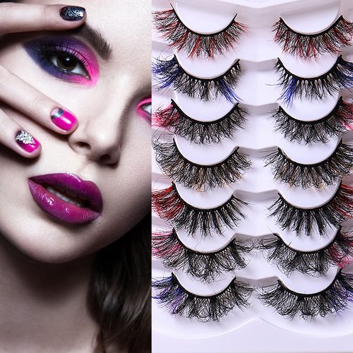 BCFHYK Upgraded 7 Pairs Colored Lashes Russian Strip Lashes with Color 7 Colors 7 Styles Eyelashes Mix Wispy Faux Mink Lashes Fluffy Long False Eyelashes Reusable D Curl Lash-709