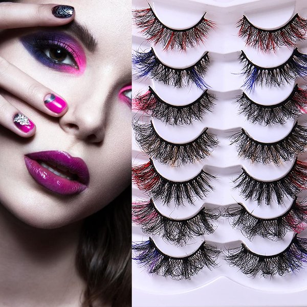 BCFHYK Upgraded 7 Pairs Colored Lashes Russian Strip Lashes with Color 7 Colors 7 Styles Eyelashes Mix Wispy Faux Mink Lashes Fluffy Long False Eyelashes Reusable D Curl Lash-709