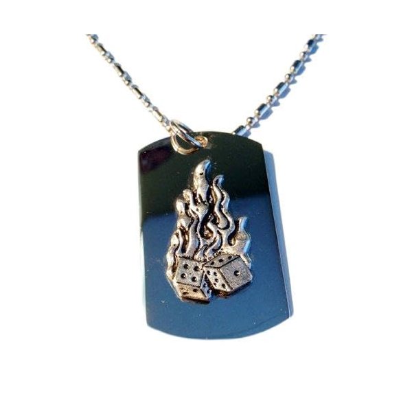 Flaming Dice Gamble Gambling Pewter Emblem Logo Symbols - Military Dog Tag Luggage Tag Key Chain Metal Chain Necklace