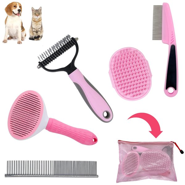 MASTER QUEEN Dog Brush for Grooming Kit 5PCS - Deshedding Dog Brush for Short Hair Dogs, Dog Hair Brush for Grooming Small Dogs,Puppy Brush and Slicker Brush for Dogs, Flea Comb and Dog Comb Set Pink