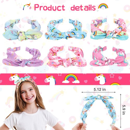 Jexine 6 Pcs Unicorn Headband for Girls, Bow Knot Headbands, Rainbow Hair Bands for Girls 4-6 Comfortable Cute Hair Accessories for Girls Kids Party Favors