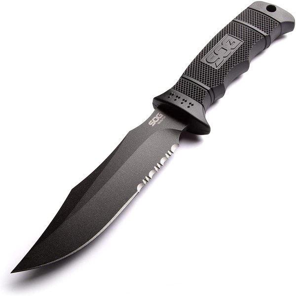 SOG Fixed Blade Knives with Sheath - SEAL Pup Tactical, Survival and Hunting Knife w/ 4.75 Inch Blade and MOLLE Combat Knife Sheath (M37K) , Black