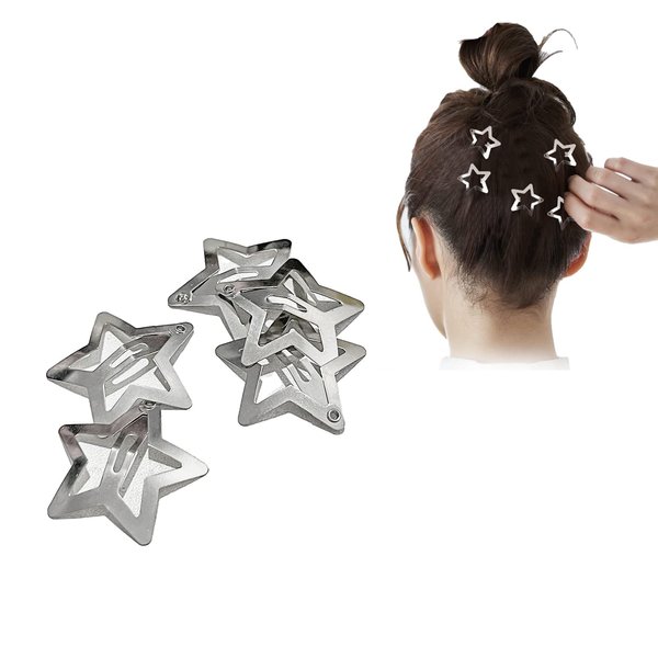 ANQSYY New 5Pcs Silver Star Snap Hair Clips Girls Hair Barrettes Y2k Small Hair Clips Non Slip Metal Stars Hair Accessories for Women Girls