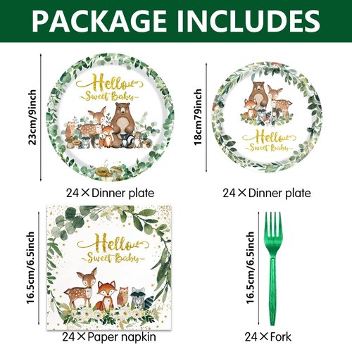 Woodland Baby Shower Party Supplies, Woodland Animal Baby Shower Decorations Include Plates, Napkins, Forks, for Animal Theme Woodland Creatures Party Decorations, Serve 24