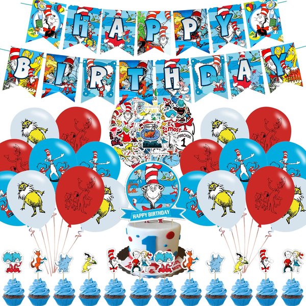Seuss Cat Birthday Party Cat Decorations, Thing 1 And Thing 2 Party Supplies Set with Happy Birthday Banner, Cake topper, Cupcake Toppers, Balloons for Cat In The Hat Party Decorations
