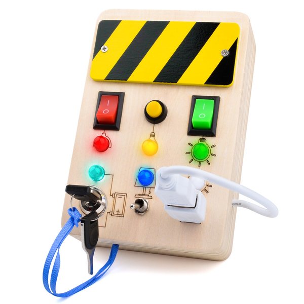 Vilalatfan Busy Board Montessori Toys for Toddlers Baby Wooden Busy Board with LED Light Switches Sensory Board Travel Toys for for Plane Car Gift for Boys Girls Medium