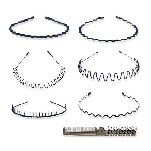 BOYYJING Multi-Style Black Non-slip Metal Hair Hoop and Comb，Metal Hairband for Men and Women Unisex Adjustable Black Wavy Hair Band Non-slip (7pcs)