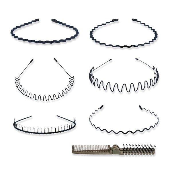 BOYYJING Multi-Style Black Non-slip Metal Hair Hoop and Comb，Metal Hairband for Men and Women Unisex Adjustable Black Wavy Hair Band Non-slip (7pcs)