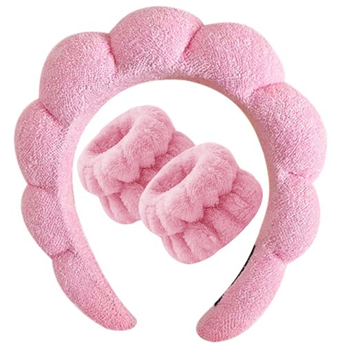 Beleki Spa Headband for Washing Face, Sponge Face Wash Headband and Wristband Set for Makeup Skincare Headbands Puffy Non Slip Headwear Hair Accessories for Women Girls, Pink