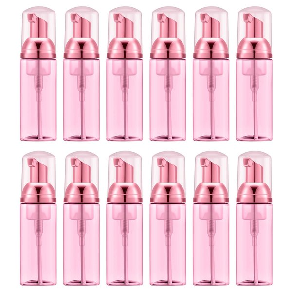 Lil Ray 2 Oz Empty Clear Rose Red Foam Pump Bottle, Travel Foamer Soap Dispenser for Lash Shampoo, Hand Soap, Foaming Cleaner(Rose Red Pump, 12 PCS)