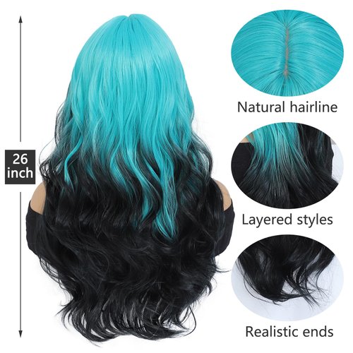 JulyQueen 26" Long Wave synthetic wigs with Bangs ocean mint blue wig Layered Wigs for Women Ombre Synthetic wigs for Daily Party Use (Blue)