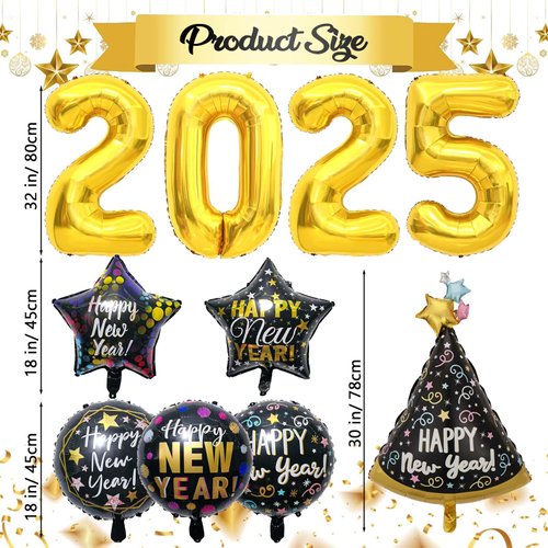 2025 New Years Eve Party Supplies - 10 Pcs Happy New Year Decorations 2025 Foil Balloons NYE Party Decorations Set