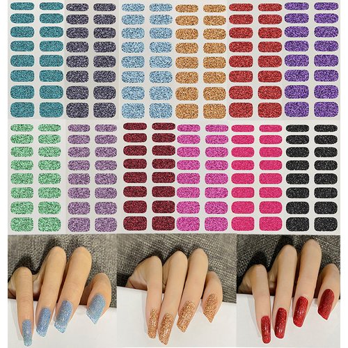 12 Sheets Glitter Nail Wraps Nail Polish Strips Solid Color Nail Polish Stickers Shine Full Wrap Nail Polish Decals Self Adhesive Nail Art Polish Stickers for Women Girls Manicure Tips Decor