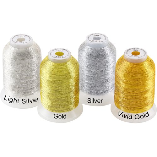 New brothread 4pcs (2 Gold+2 Silver Colors) Metallic Embroidery Machine Thread Kit 500M (550Y) Each Spool for Computerized Embroidery and Decorative Sewing