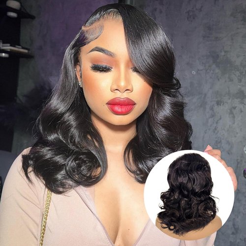 Aimery Bob Wig Human Hair Lace Front Wigs Pre Plucked HD Transparent Short Bob Lace Front Wigs Human Hair Brazilian Body Loose Wave Wear and Go Human Hair Wig (14Inch)