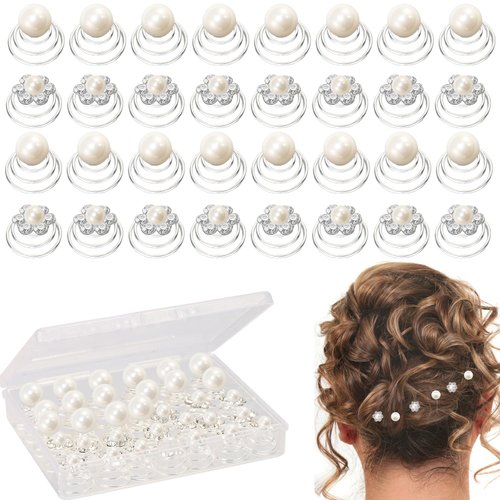 UHOMENY 40pcs Brides Spiral Hair Pins, Hair Pins for Bridal Silver Pearl Hair Pins Crystal Rhinestones Swirl Hair Pins Wedding Hair Accessories with Box for Women Girls Wedding Bridal Party