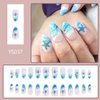 Medium Press on Nails Almond Shaped Fake Nails Blue French Tips Acrylic Nails Summer False Nails with the Sea and Starfish Designs Glue on Nails Full Cover Artificial Nails for Women and Girls 24PCS