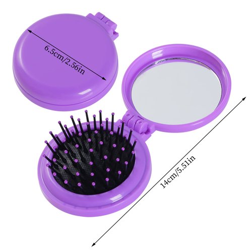 2pcs Folding Travel Mirror Hair Brushes Round Mirror Pocket Hair Brush Portable Mini Pop Up Hair Brushes for Women Girls Wet and Dry Hair