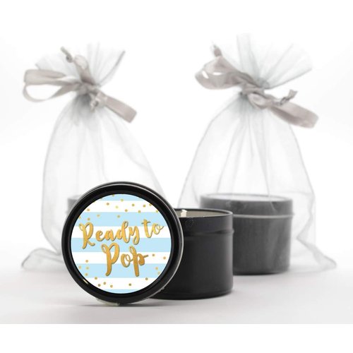 Stripe Ready to Pop Stickers, Faux Metallic Gold, 1.67 Inches Round - 48 Stickers, Ready to Pop Baby Stickers for Popcorn Baby Shower, Baby Shower Party Favors for Boy or Girl - (Blue)