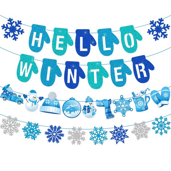 No-DIY Blue Glitter Hello Winter Banner, Winter Party Decorations, Winter Decorations for Office, Snowflake Winter Banner for Home Office Winter Wonderland Party Decorations