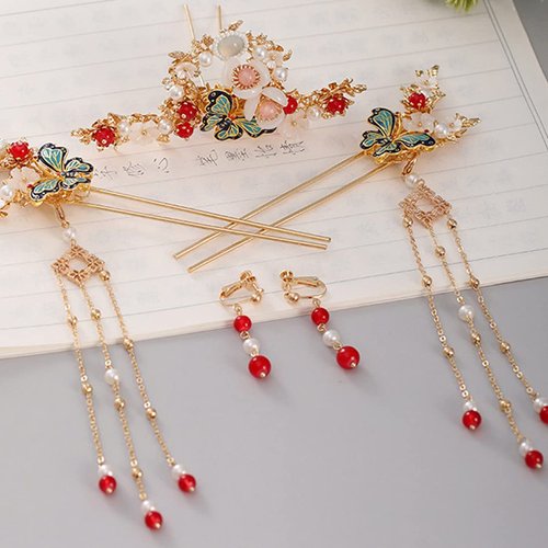 Engjajo Alloy Hair Sticks Pins Long Tassel Butterfly Flower Hanfu Chinese Hair Comb Set of 1 Earrings Traditional Classical