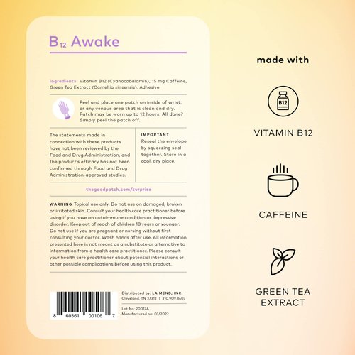 The Good Patch B12 Awake Patch with Plant-Based Ingredients, Infused with Caffeine, B12, and Green Tea Extract, Designed to give Your Day a Boost (24 Total Patches)