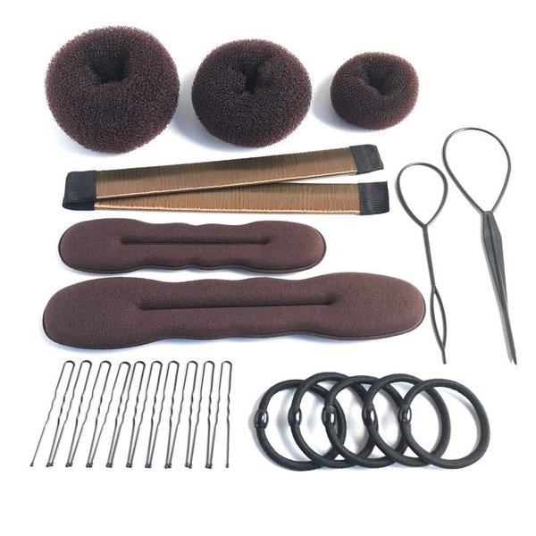 iFlyMars 3 Pieces Hair Donut Bun Makers, 2 Pieces Foam Sponge Bun Shapers, 1 Pieces Magic French Twist Hairstyle Clip,2 Snap Bun Makers,10 pieces Hair Elastic Bands, 20 pieces Hair Pins (Brown)