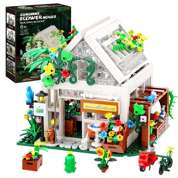 NOLAKMI Flower Shop Building Kit 666 Pieces, Flower House Building Blocks Set with Fairy Lights, Garden House Building Set, Mini Greenhouse Model Kit for Kids, Creative Gifts for Friends and Girls