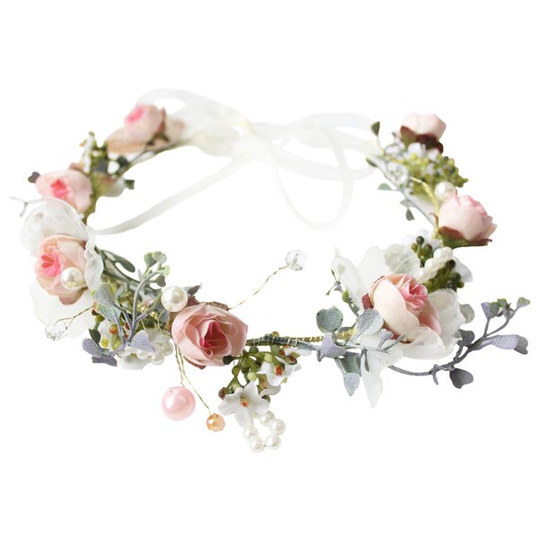 Vivivalue Pearl Flower Crown Floral Garland Headband Flower Halo Headpiece Hair Wreath Boho with Ribbon Party Wedding Festival Photos Pink