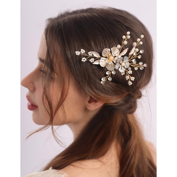 BERYUAN Wedding Flower Leaves Hair Comb Pearls Rrhinestone Crystal Wedding Headpiece Gold Flowers Leaves Pearls Wedding Hair Comb Gold Wedding Bridal Hair Comb for Brides Bridesmaid
