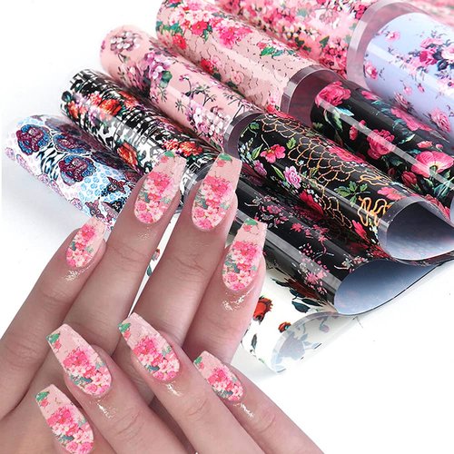 Retro Flower Nail Art Foil Transfer Stickers, Nail Art Stickers Foil Transfers Decals Holographic Rose Flowers Starry Sky Design for Nails Supply Floral Manicure Tips Wraps Nail Art Decorations 10pcs