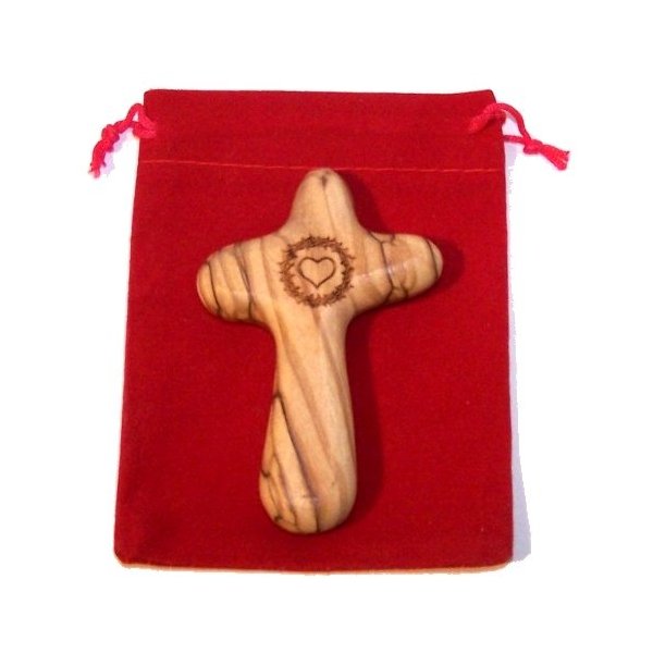 No Greater Love ... Olive wood Comforting Cross engraved with Crown of Thorns and Heart of our Lord Package. Comes with gift box,Velvet bag & Lord's Prayer card - 3" Cross