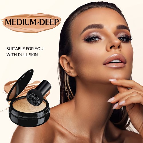 Mushroom Head Air Cushion CC Cream - BB Cream Foundation Makeup Moisturizing Concealer Long-Lasting, Cushion Foundation Full Coverage Self Adjusting for Mature Skin & All Skin Types (Medium Deep)
