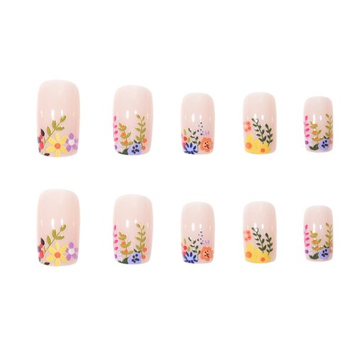Square Press on Nails Short Cute Flower Design Short Fake Nail Pressure Nail Acrylic False Nails With Rainbow Flower Designs Artificial Nails Press One Reusable Glue on Nails for Women Nail Art 24pcs