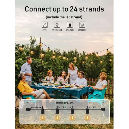 Brightown Outdoor String Lights - Globe Patio Lights 30 Ft with 30 G40 Shatterproof Bulbs, Waterproof Connectable Dimmable Commercial Hanging Lights for Backyard, Bistro, Porch, Cafe, Deck