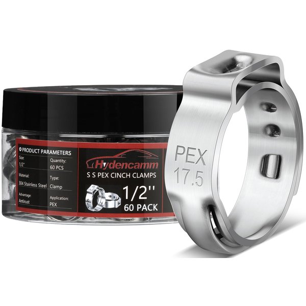60 Pack 1/2 Inch PEX Cinch Clamps, Premium 304 Stainless Steel Cinch Crimp Rings, Cinch Clamps Rings with Storage Case for PEX Tubing Pipe Fitting Connections By Hydencamm(1/2"x60)