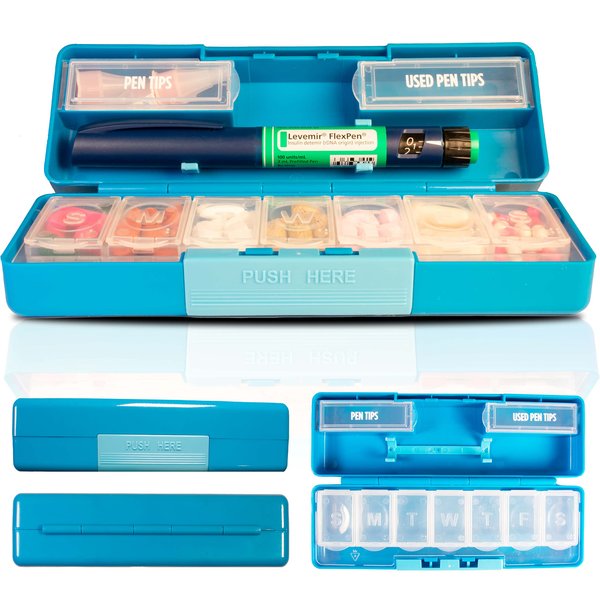 7-Day Pill Reminder Diabetic Pen Holder with Snap Tight Lids to Secure Prescription Medication, Vitamins and Other Diabetic Supplies