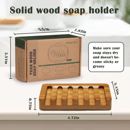 SAMEBUTECO Set of 2 Teak Wood Soap Dishes with Sloped Drain | Bar Soap Holder for Shower, Bathroom Sink, Kitchen | Natural Wooden Soap Saver Tray with Quick-Dry Grooves
