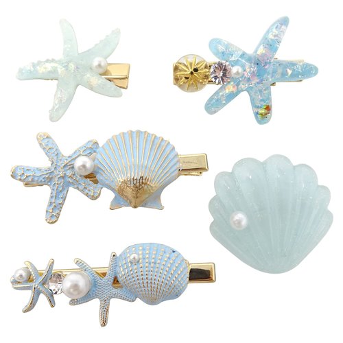 Honbay 5PCS Artificial Shell Pearl Starfish Hair Clip Set Metal Resin Alligator Hair Clips Princess Hair Barrettes Beach Wedding Supplies for Women Ladies Girls Headwear (5 Style)