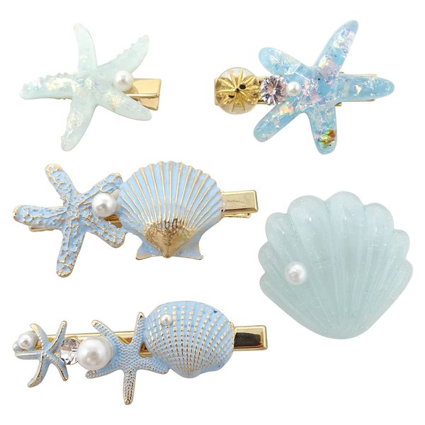 Honbay 5PCS Artificial Shell Pearl Starfish Hair Clip Set Metal Resin Alligator Hair Clips Princess Hair Barrettes Beach Wedding Supplies for Women Ladies Girls Headwear (5 Style)