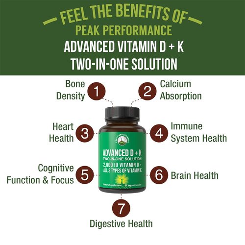 Peak Performance Advanced Vitamin D 2000 IU with All 3 Types of Vitamin K Vitamin D3 and Vitamin K2, K1, MK-7 (MK7), MK4 Supplements. 60 Small and Easy to Swallow Vegetable Pills (2000 IU)