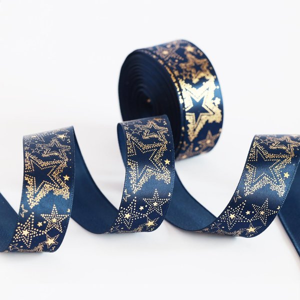 Navy Blue Ribbon with Gold Star Navy Silk Ribbon Navy Blue Satin Ribbon,10 Yards 7/8（22mm) for Gift Wrapping Craft Packing, DIY Craft, Wedding Party Bows Bouquet,Valentine's Day Supplies
