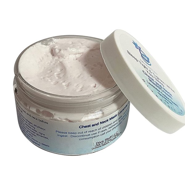 Sleep Tight and Tighten While You Sleep Chest and Neck Mask/Cream, With Hibiscus, Hyaluronic Acid,Firming Peptides, Black Goji Butter, Cranberry Enzymes and More, Lavender Cotton Scent, 4 oz By Diva Stuff