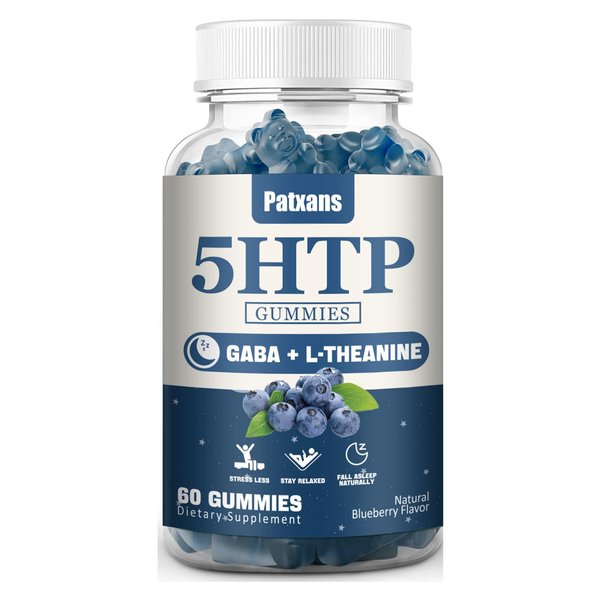 1Pack 300MG 5HTP GABA Sleep Supplement Gummies - Melatonin-Free - Contains 200 MG L-Theanine,Mood Support/Stress Relief Sleep Supplement,Omega 3-6-9 for Natural Zzzs,60 Counts,Blueberry Flavor.